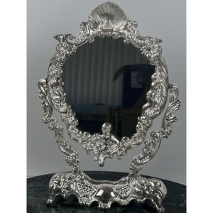 Vintage French Baroque Swivel Swing Cherubs Mirror Silver Plated Art Nouveau